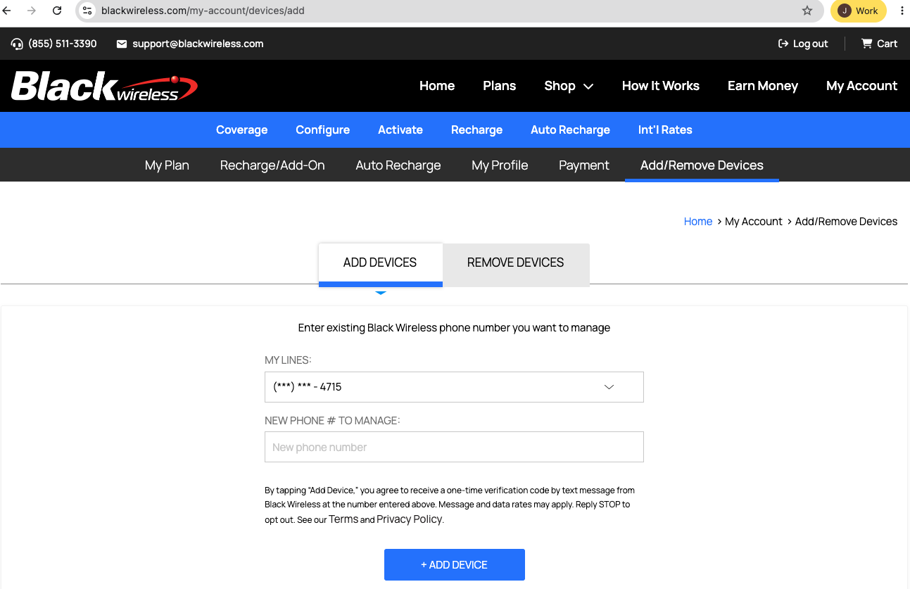 Black Wireless My Account Add Devices page showing the phone number field and the SMS consent disclosure above the Add Device button