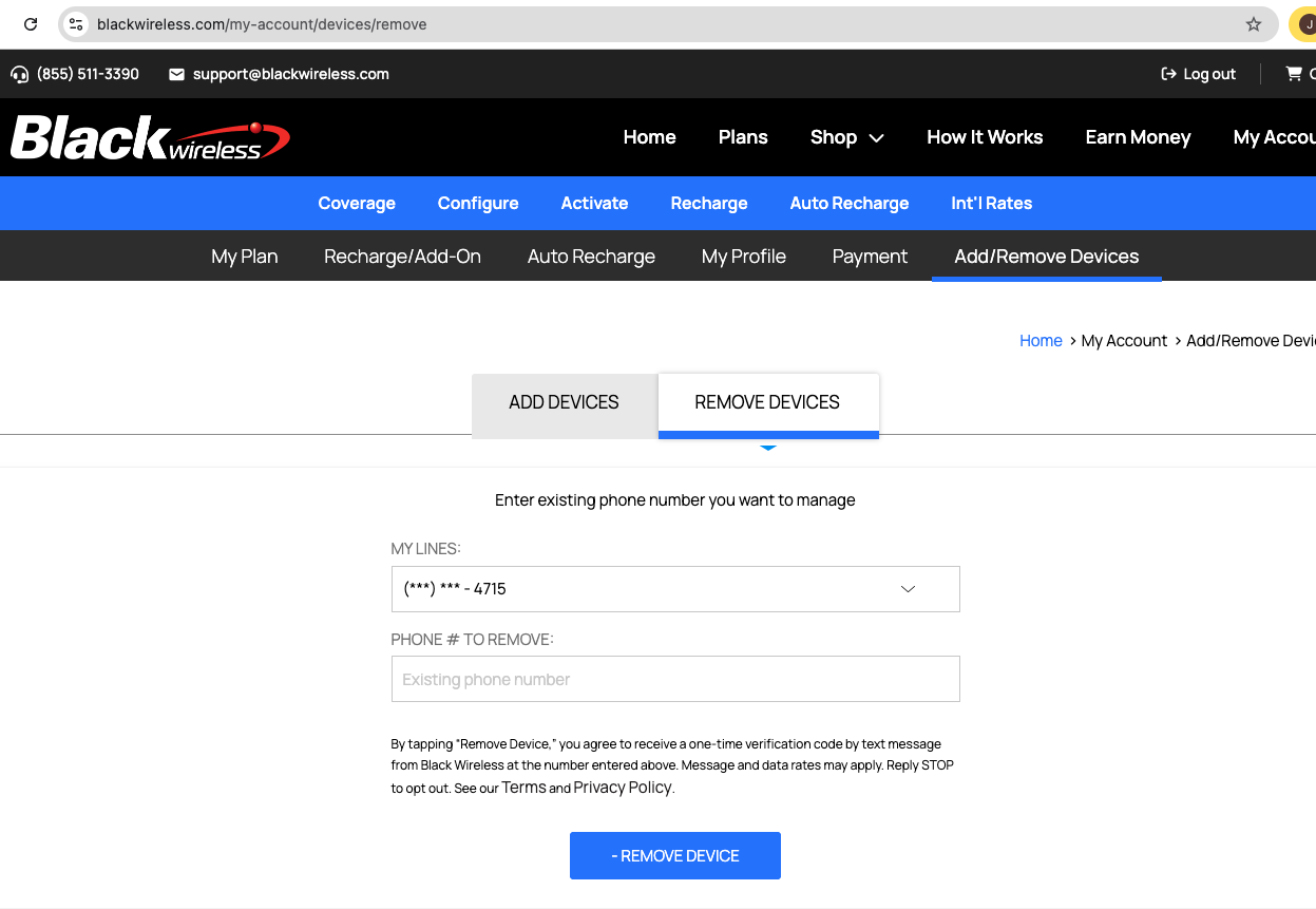 Black Wireless My Account Remove Devices page showing the phone number field and the SMS consent disclosure above the Remove Device button